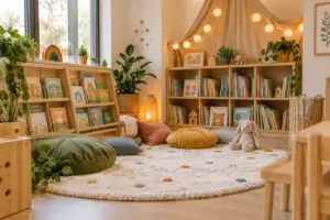 Gemütliche Bücherecke mit Kissen und Bilderbüchern